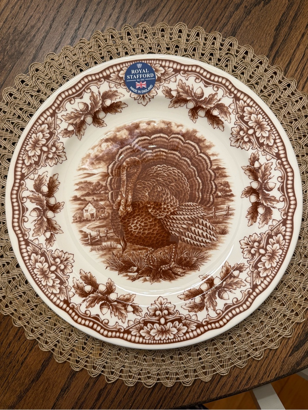 Set of 6, NEW Royal Stafford Brown Turkey Pattern Decorative Dinner Plate